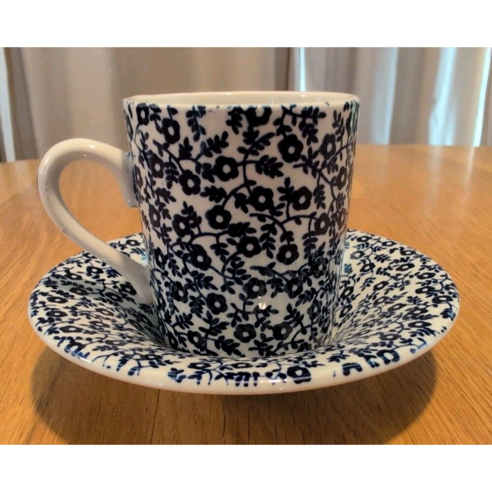 Vtg Burleigh Calico Blue English White Mini Tea Cup Saucer "Felicity" Cottagecor